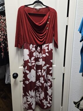 BloomChic Rust Red Draped Floral Midi Dress